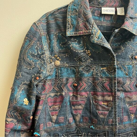 CHICOS EMBROIDERED/EMBELLISHED denim jacket Southwest brass turquoise M - Picture 4 of 5